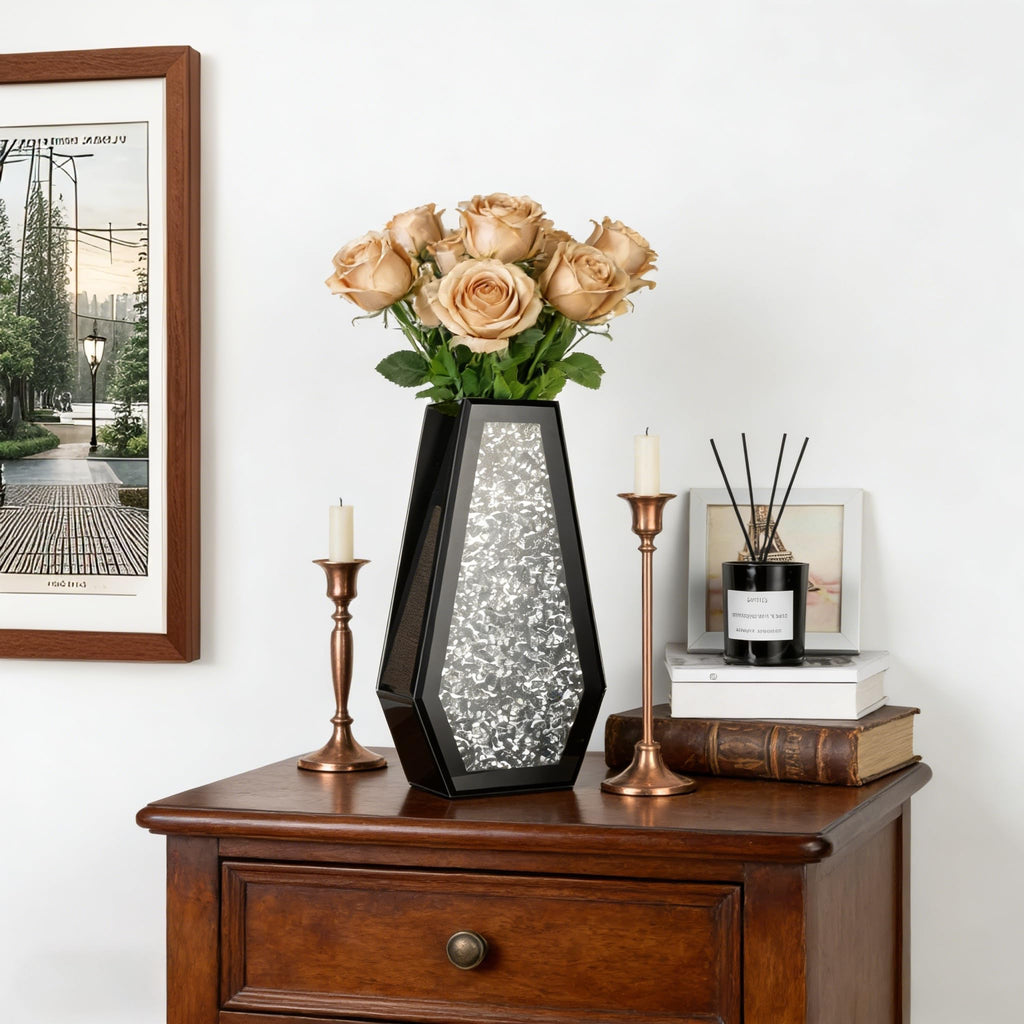 SHYFOY Crushed Diamond Flower Vases Decorative Large Clear Glass Mirrored Vase Black Crystal Vase for Home Decor Can Not Hold Water,36.5H cm