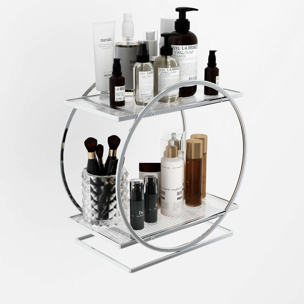 2-Tier Makeup Organizer - Modern Elegant Black & Gold Countertop Perfume & Cosmetics Display Shelf