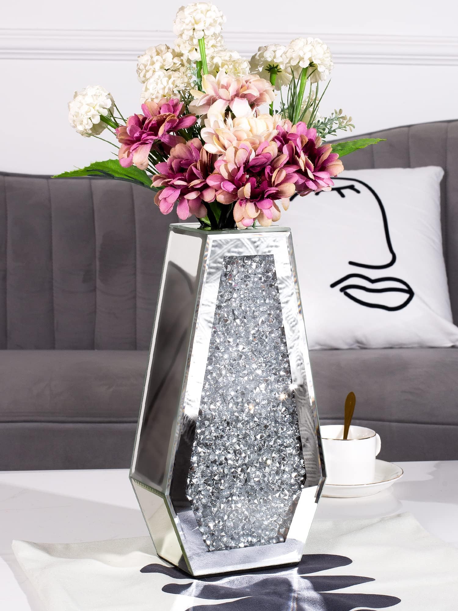 SHYFOY Crushed Diamond Flower Vases Decorative Large Clear Glass Mirrored Vase Black Crystal Vase for Home Decor Can Not Hold Water,36.5H cm