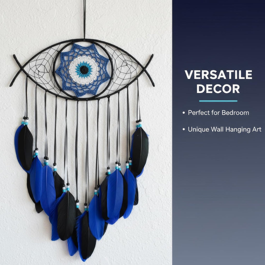 Evil Eye Dream Catcher - Handmade Feather Wall Hanging Decor for Protection, Good Luck & Home Blessing