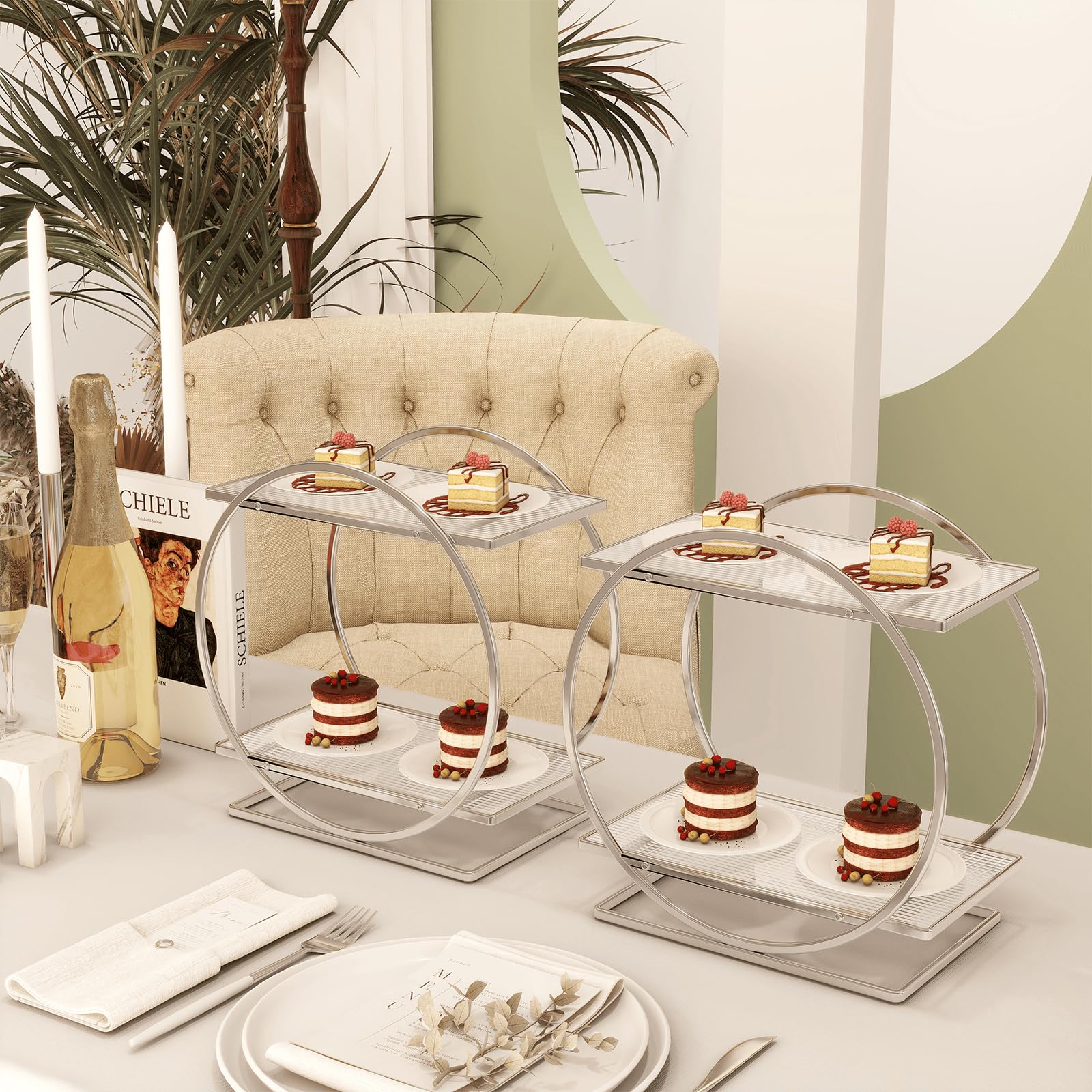 2-Tier Makeup Organizer - Modern Elegant Black & Gold Countertop Perfume & Cosmetics Display Shelf