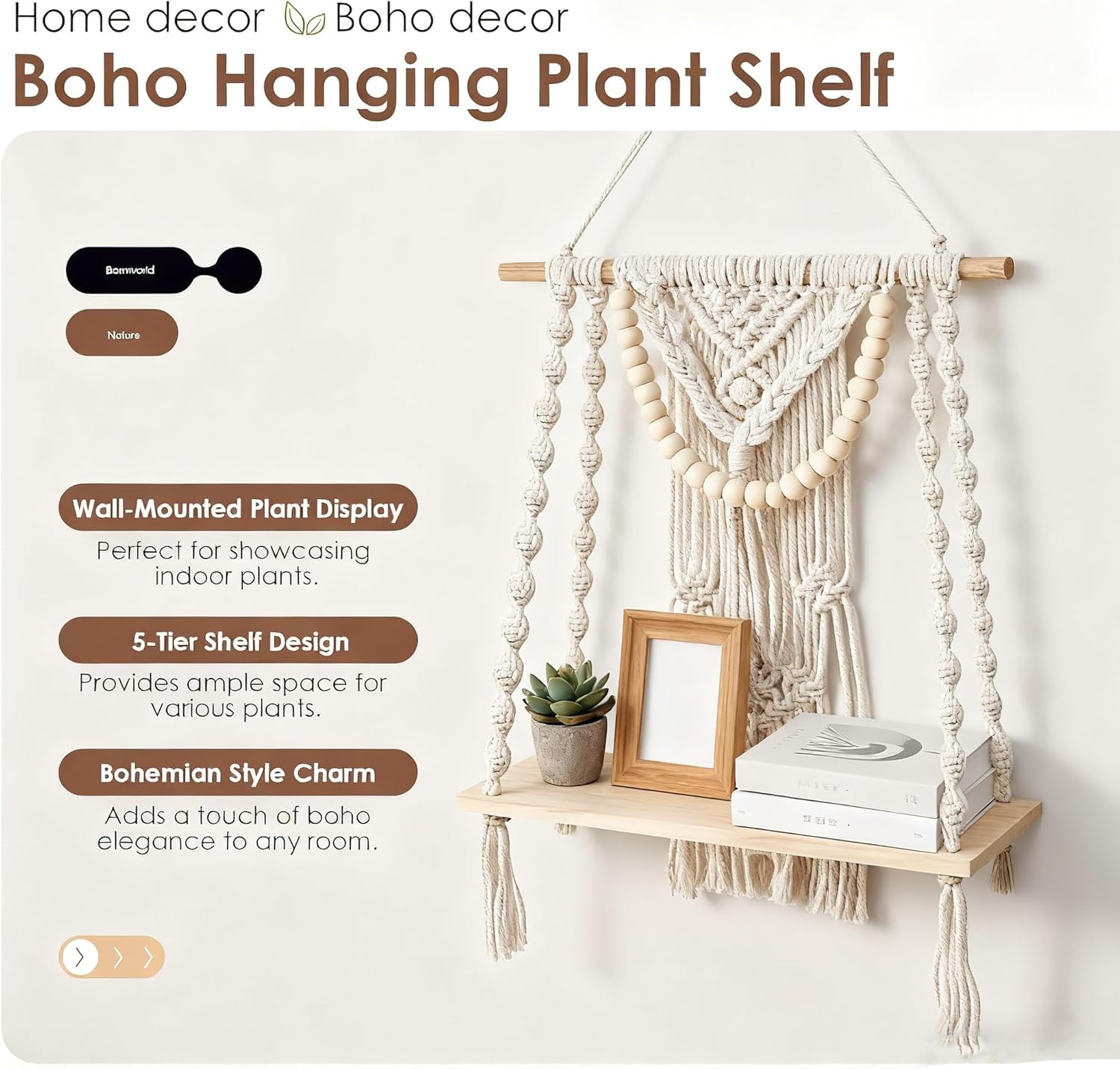 Macrame Wall Hanging Decor Shelf, Tassel Woven Macramé Self,Boho Wall Hanging Self for Small Plants Photo Frames,Handmade Woven Wooden Floating Shelf for Home Living Room Bedroom Balcony Decor