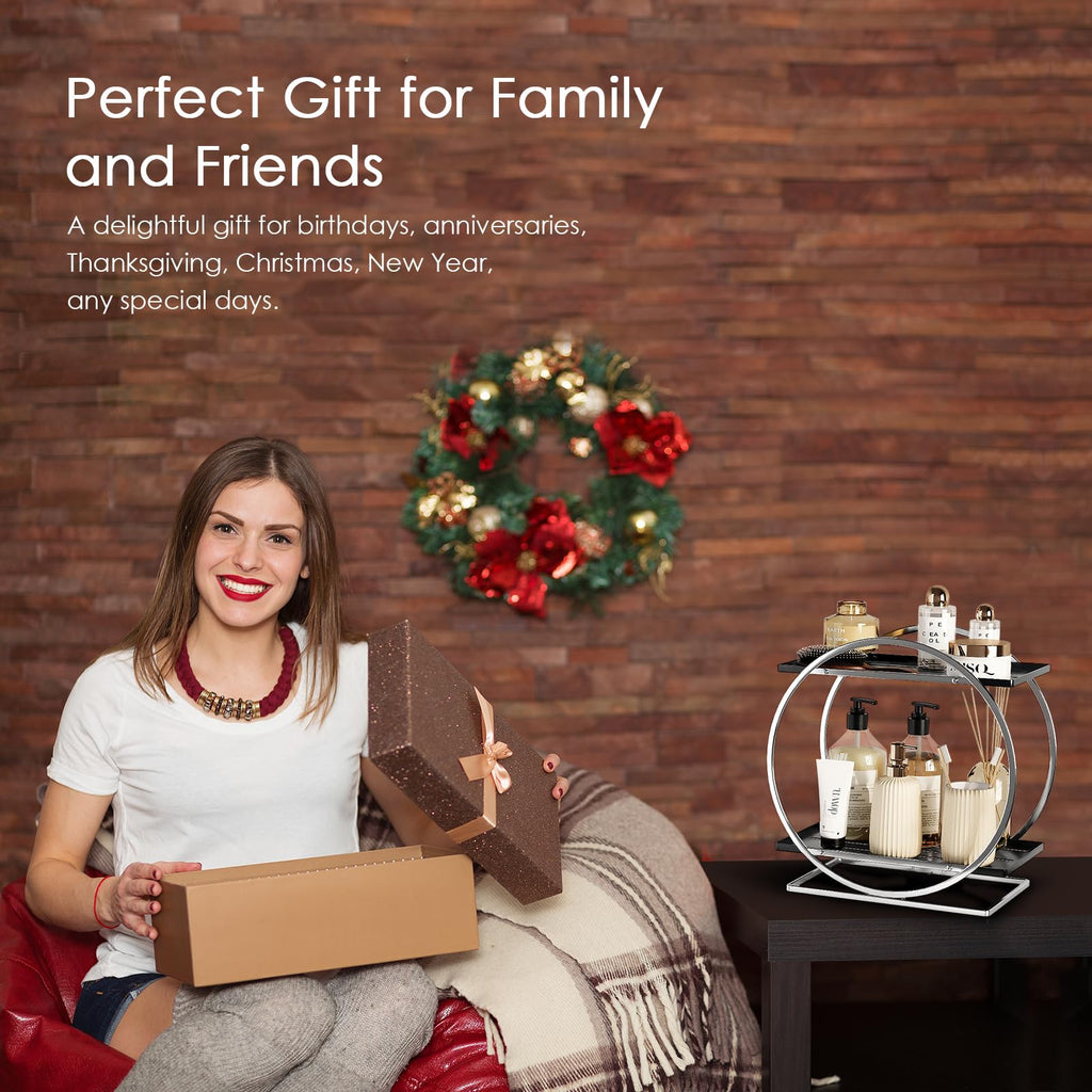 2-Tier Makeup Organizer - Modern Elegant Black & Gold Countertop Perfume & Cosmetics Display Shelf