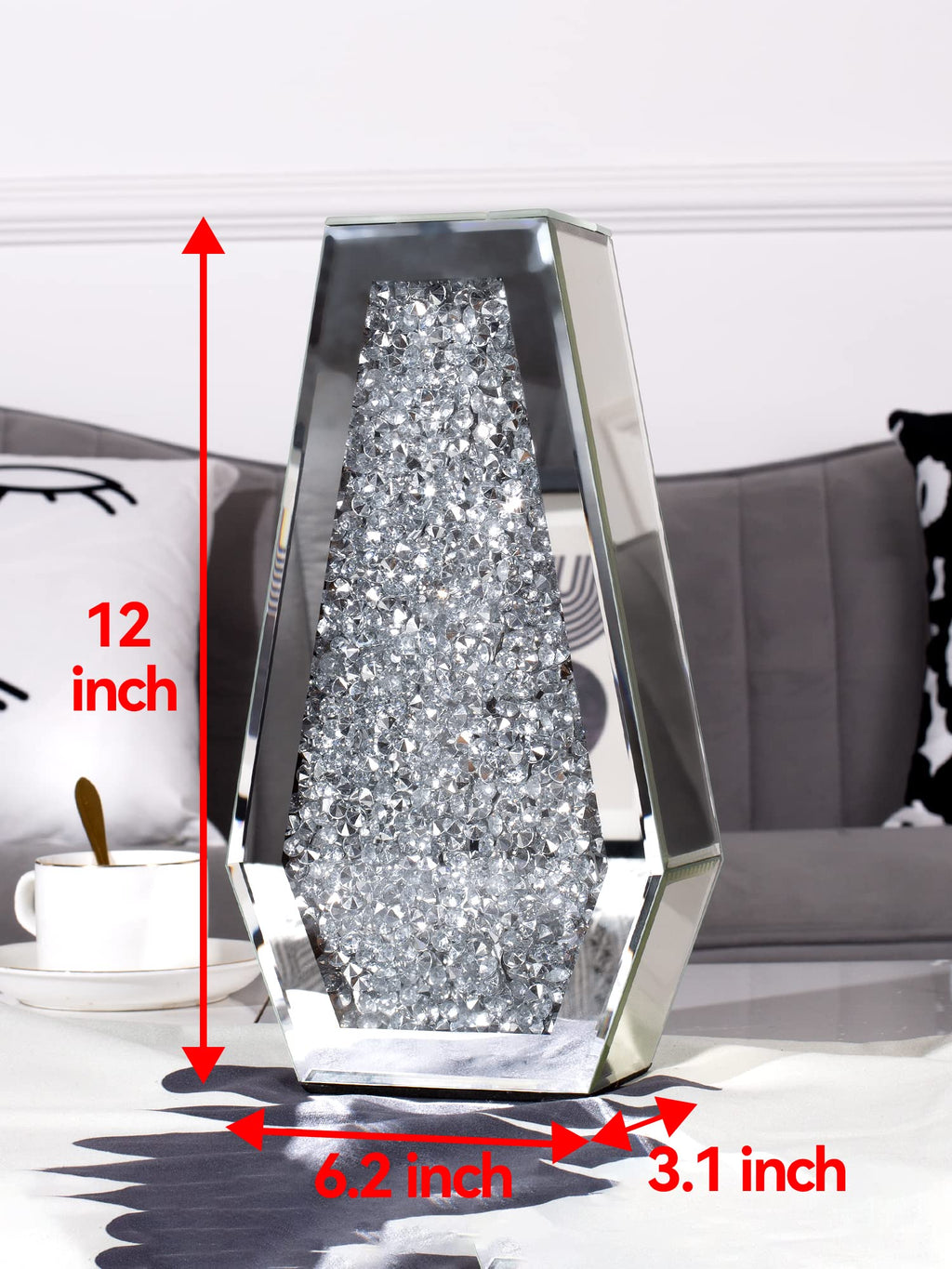 SHYFOY Crushed Diamond Flower Vases Decorative Large Clear Glass Mirrored Vase Black Crystal Vase for Home Decor Can Not Hold Water,36.5H cm