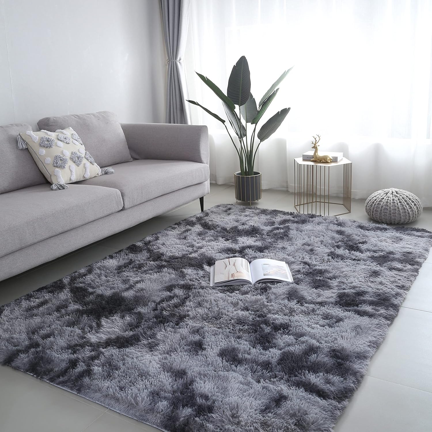 Area Rug Super Soft Indoor Modern Shag Luffy Living Room Carpets for Children Bedroom Living Room Home Decor Nursery Rug (2X3 Feet, Tie-Dye Dark Grey)