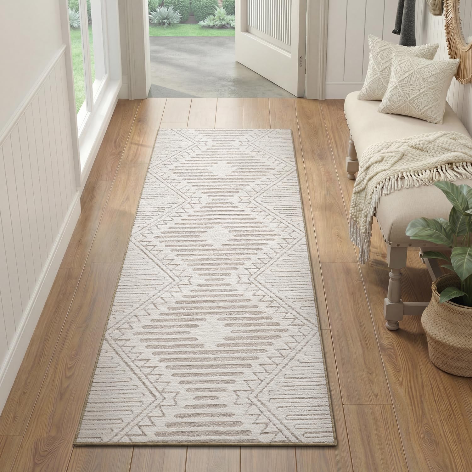 Area Rug for Living Room Rug 5x7 High Low Textured Jacquard Tufted Boho Geometric Washable Bedroom Rug Carpet for Dining Room Nursery Non Slip Beige
