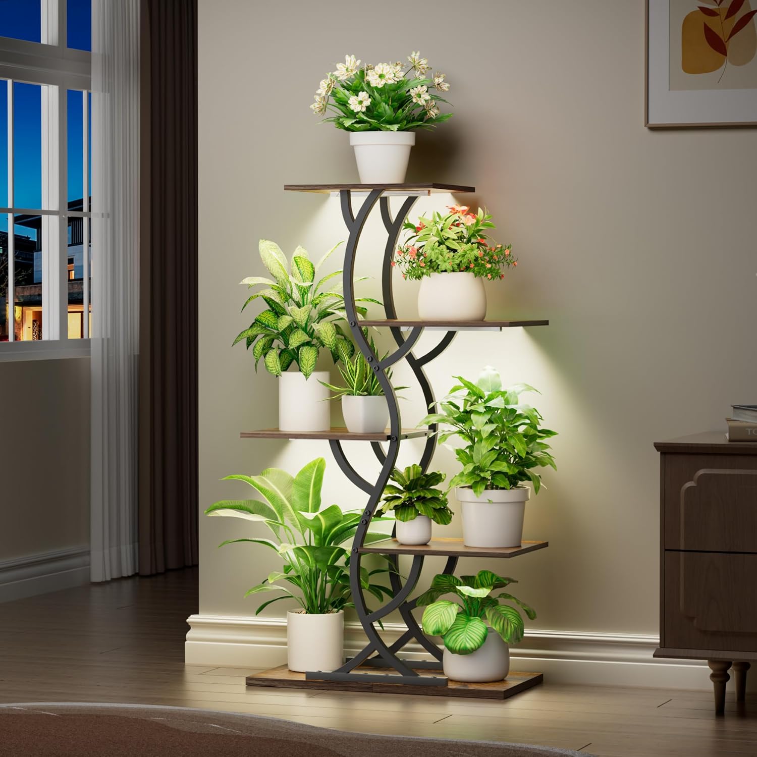 Plant Stand Indoor with Grow Lights - 44" Tall Corner Plant Stands for Indoor Plants, 5 Tiered Metal Plant Shelf, Curved Plant Flower Holder Dispaly Rack for Living Room, Home Patio Balcony (Black)