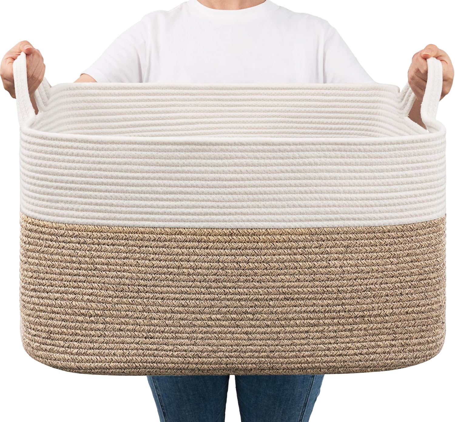 Goodpick Woven Basket for Storage 65L, Blanket Basket for Living Room Home Décor,Rectangle Rope Laundry Basket with Handles Large Toy Storage Basket for Baby, Kids, 21.6" x 14.9" x 11.8"
