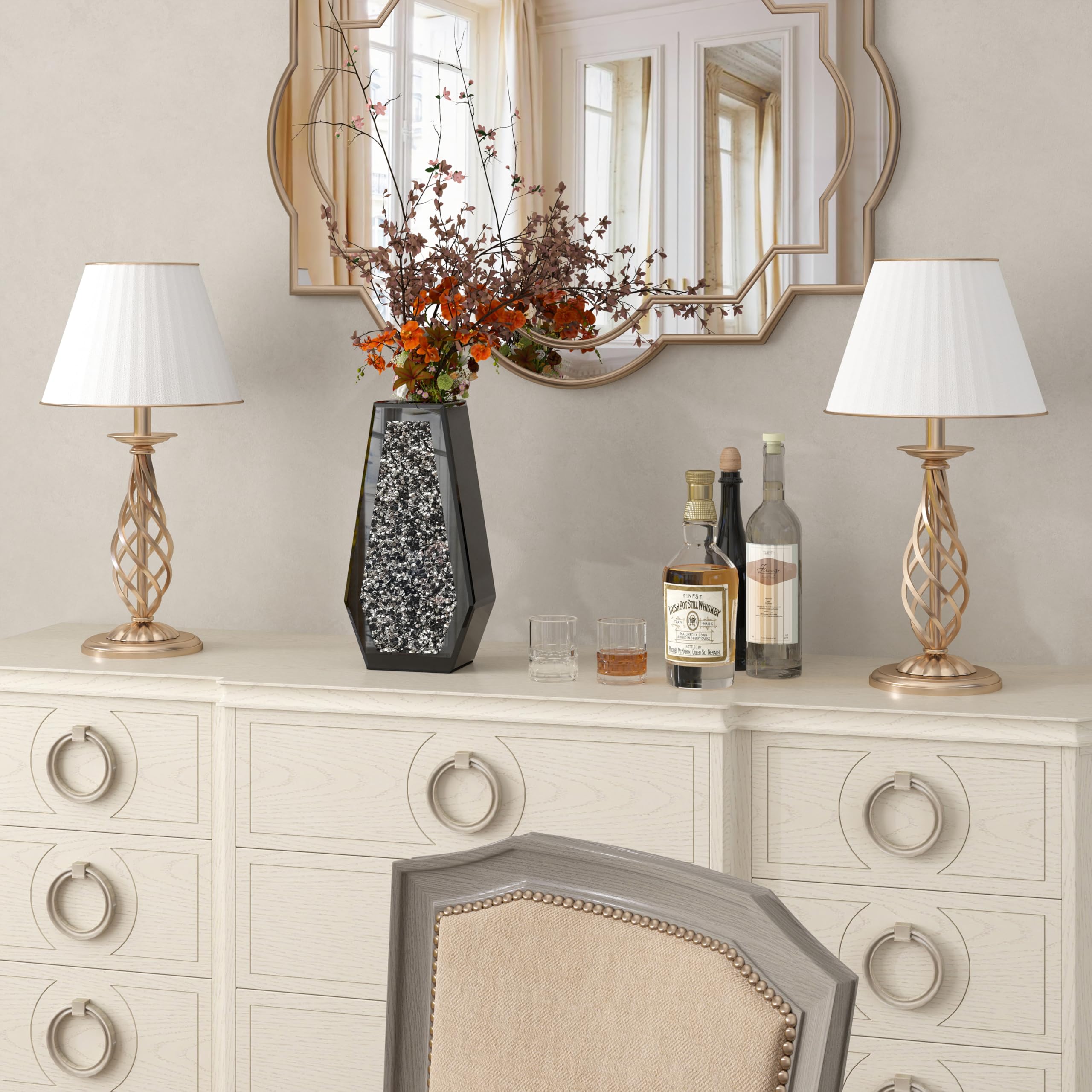 SHYFOY Crushed Diamond Flower Vases Decorative Large Clear Glass Mirrored Vase Black Crystal Vase for Home Decor Can Not Hold Water,36.5H cm